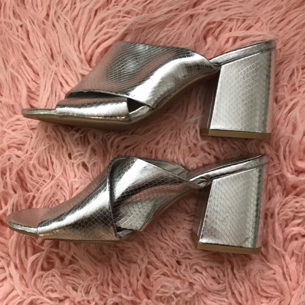 Metallic heeled mules